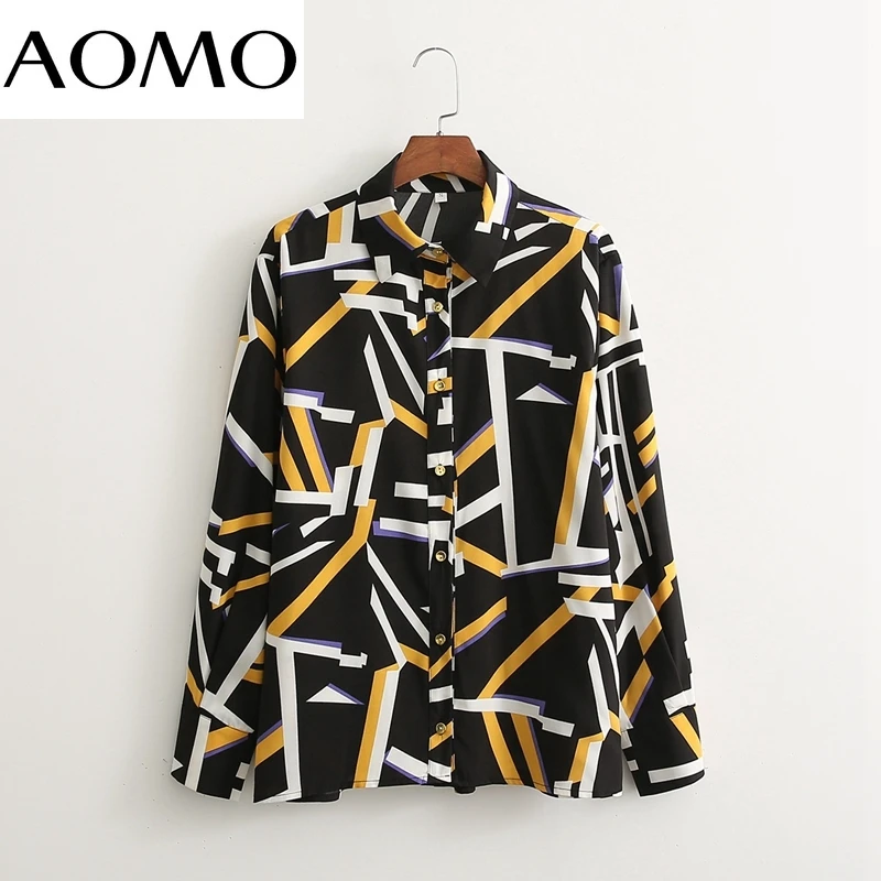 

AOMO 2021 Women Geometry Print Shirt Blouse Long Sleeve Chic Female Office Lady Tops 1D410A