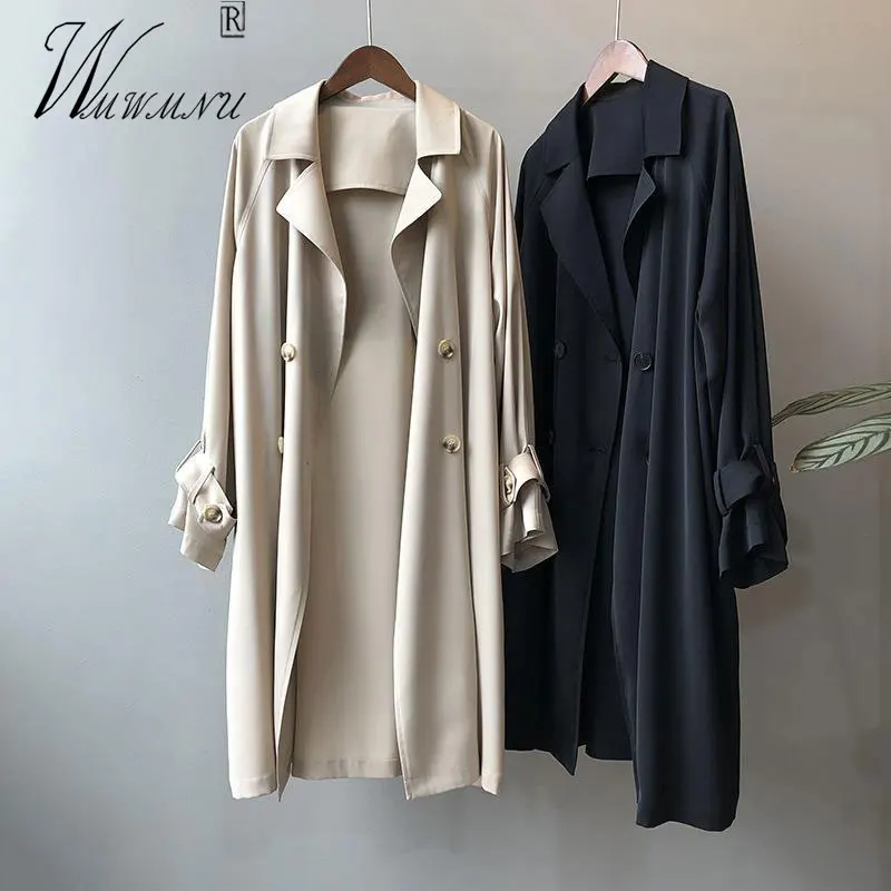 

Women's Casual Unlined Thin Trench Coat Korean Fashion Double Breasted Black Khaki Overcoat 2023 Spring Loose Gabardina Mujer