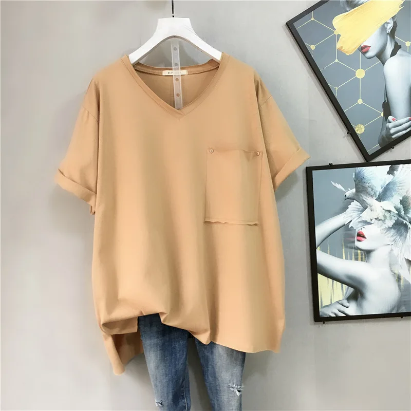 

2020 Summer New Korean Women Loose& Simple White Pocket Short-sleeved T-shirt All-match Plus Size Women Tops Tide Free Shipping