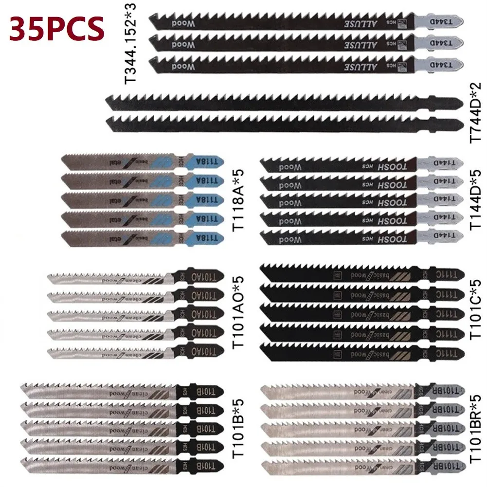 

35Pcs Jig Saw Blade Jigsaw Blades Set Woodworking T744D/T733D/T101B/T144D/T118A Metal Irregularly Curved Cutting Jig Saw Blade