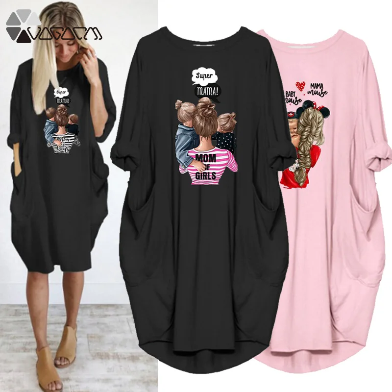 Платье женское с длинным рукавом круглым вырезом и мультяшным принтом | Женская