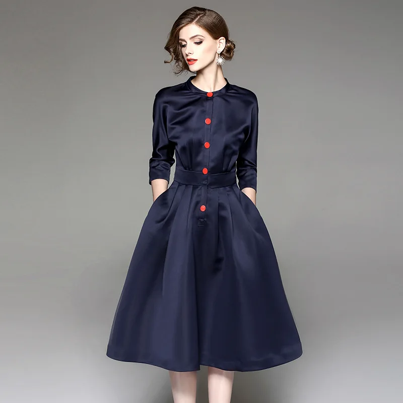 

Spring Autumn New Woman Dress Fashion Stand Collar Seven Points Sleeve Long Dress Vintage Elegant Ladies Dresses Vestidos D3298