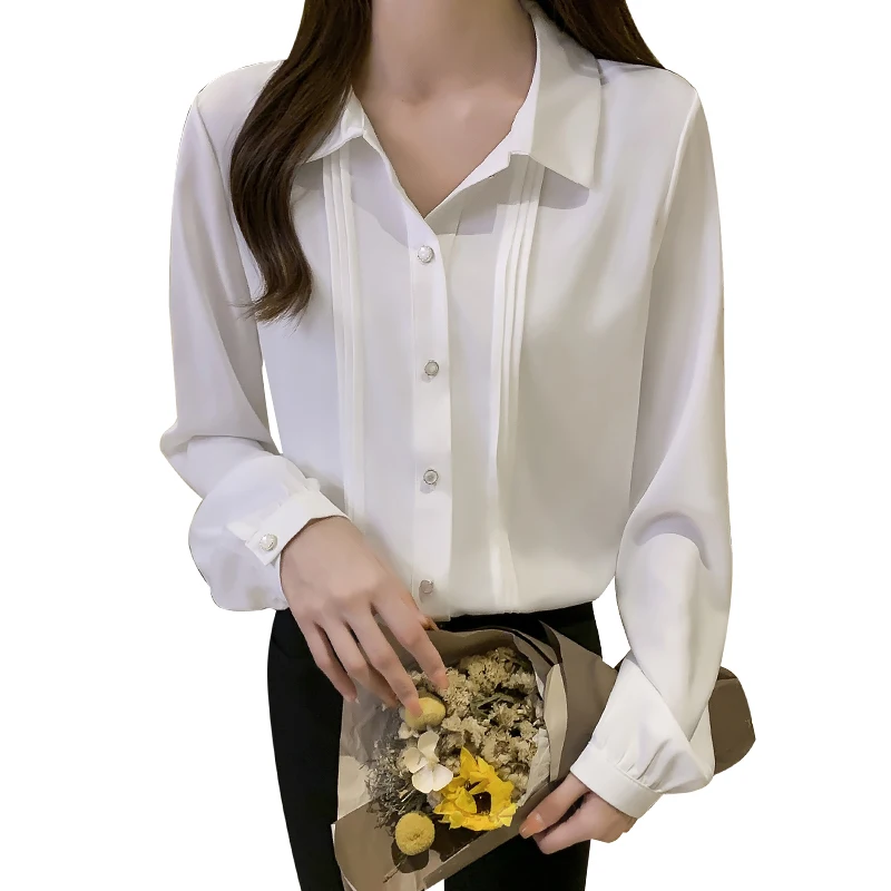 

COIGARSAM Fashion Full Sleeve Shirt Womens tops New Spring Chiffon Women shirts White 313A