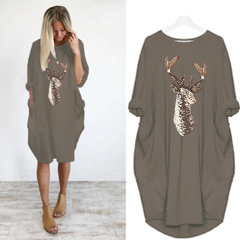 Large Size Women Casual Dresses Fashion O Neck Long Sleeve Chrismess Elk Printed Pocket Autumn Winter Loose T-shirt Dress Female | Женская