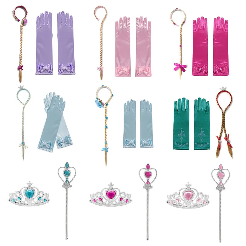 

VOGUEON Princess Girls Accessories Set Kids Party Cosplay Elsa Queen Magic Wand Tiara Braid Gloves 2pcs Dress up For Anna Aurora