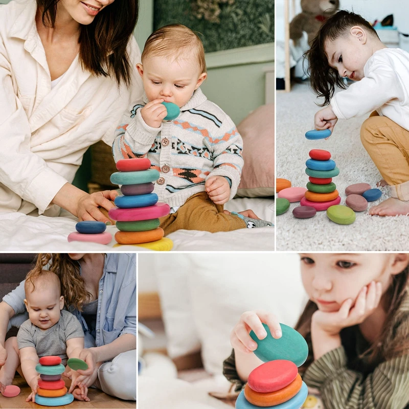 

Bopoobo 4Pcs/Set Rainbow Wooden Building Block Educational Toys Multicolor Baby Stacking Game Balancing Stone Jenga Toy gifts