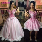 Ярко-розовое платье Quinceanera с открытыми плечами 2 в 1 платья для выпускного вечера со съемным шлейфом 3D цветами короткое платье для вечерние 16 милых девушек