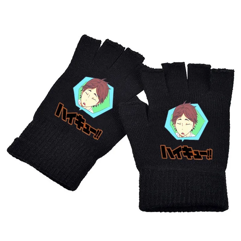 

Anime Gloves Woman Haikyuu Glove Man Half-finger Mittens Shoyo Hinata Autumn Winter Warm Knitting Cute Cartoon Kei Tsukishima