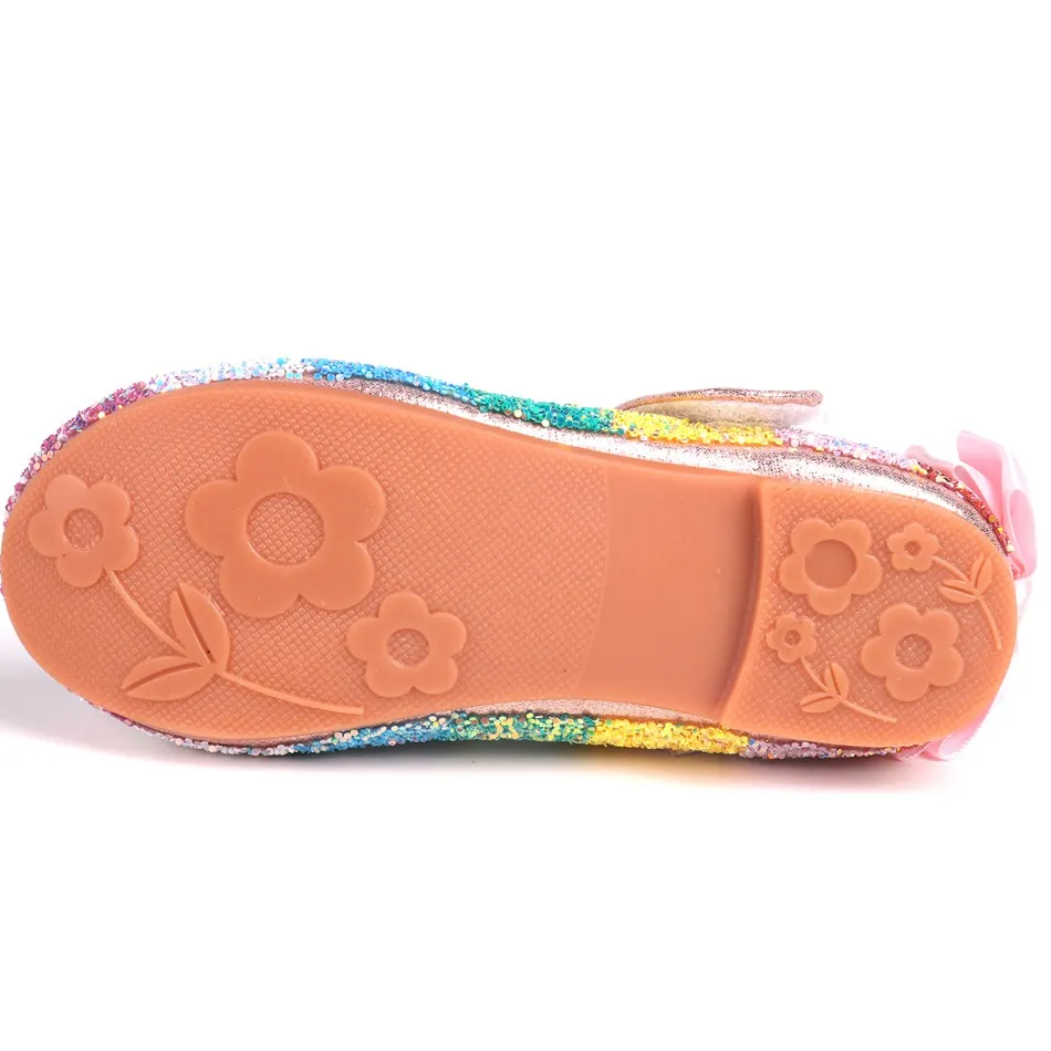 Girl Rainbow Glitter Wedding Party Mary Jane Shoes Kid Bowknot Back Slip on Ballerina Flats Children Bridesmaids Heel Pump |