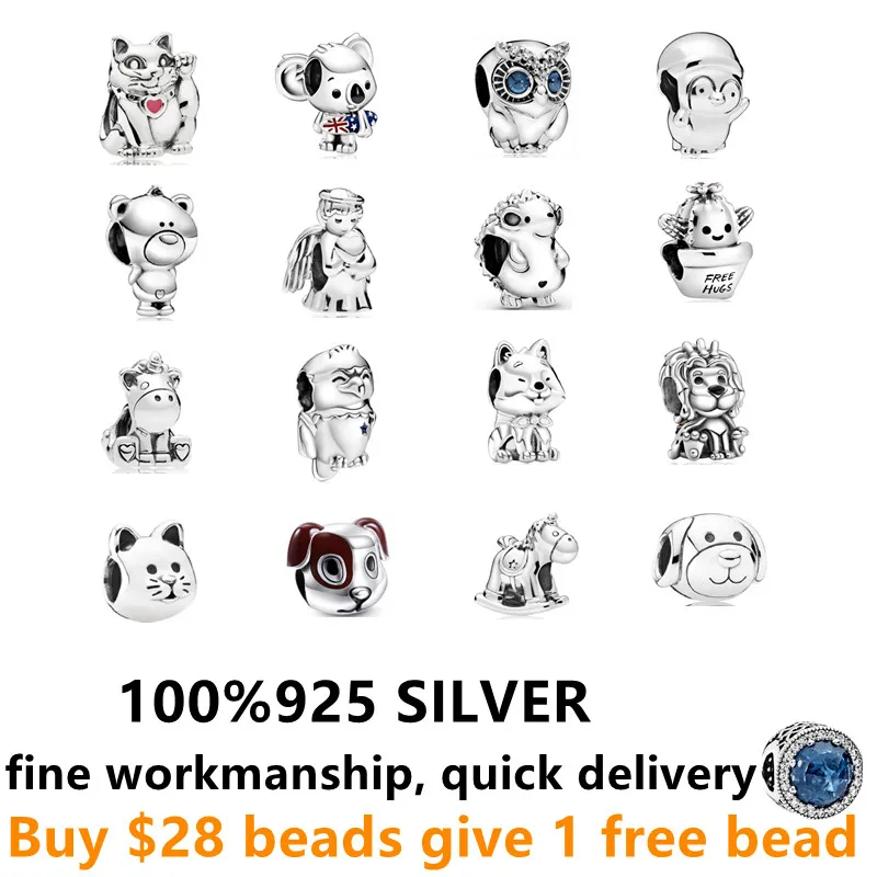 

Free Delivery 925 Sterling Silver Kitty Cat Dog Surfing Koala owl unicorn Hedgehog Lion charms for pandor bracelets