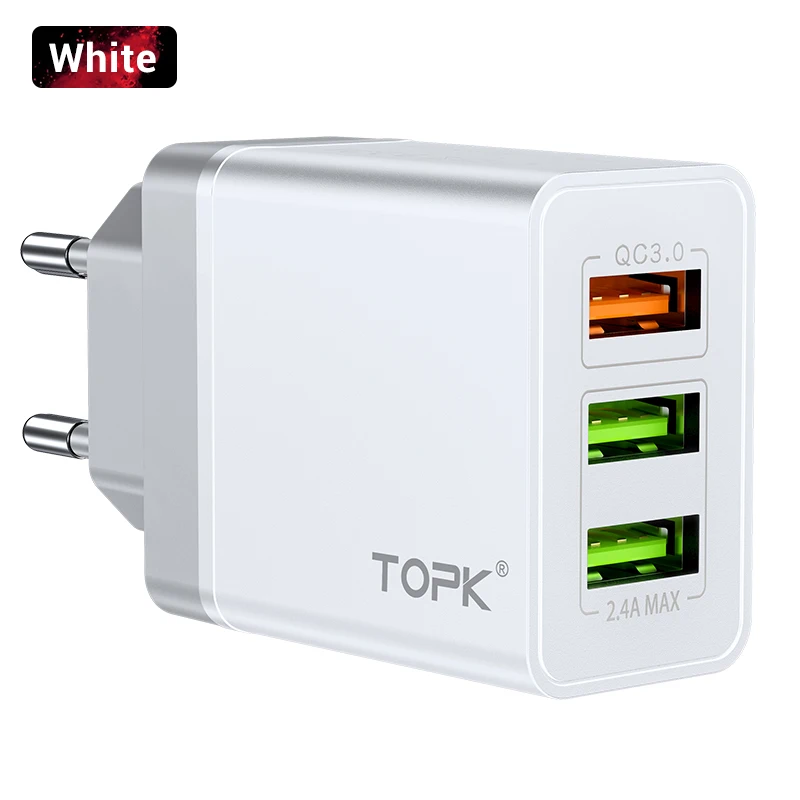 3 Port Charger White TOPK USB зарядное устройство Быстрая зарядка 3,0 Быстрая зарядка QC3.0 Мульти USB зарядное устройство для samsung S10 Plus Xiaomi дорожное настенное зарядное устройство для телефона EU - Тип штекера: 3 Port Charger White