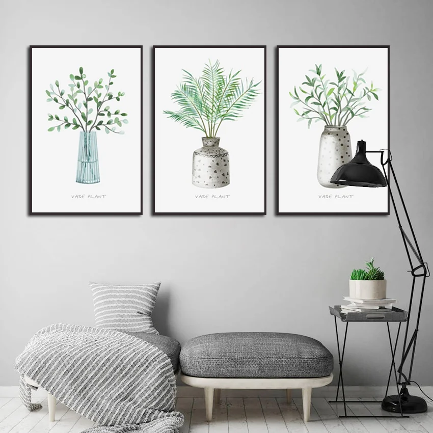 

Картина на холсте, ваза, зеленые растения, зеленые листья, подвесная Настенная картина, художественный принт, домашний декор, плакат для гос...