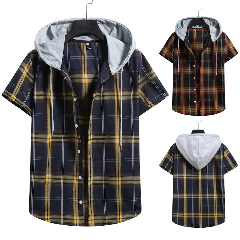 2021 Summer Men's Hooded Checked Short-sleeved Shirt