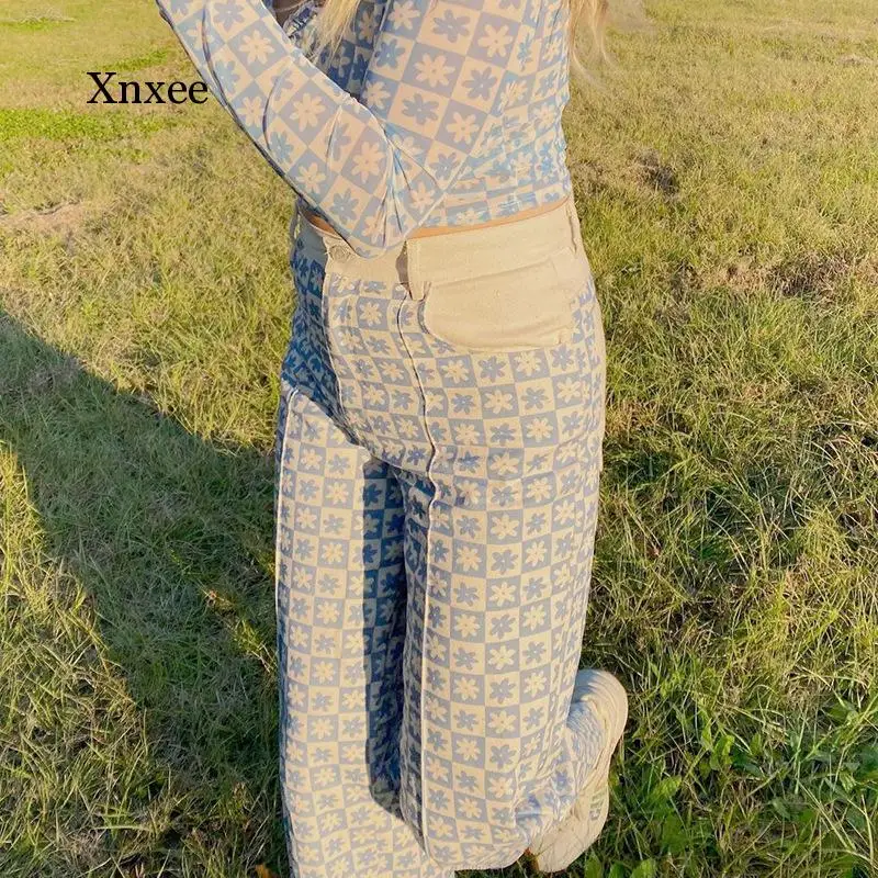 

Y2K Daisy Print Cargo Straight Pants Women Patchwork Harajuku High Waist Fashion Streetwear E-Girl Aesthetic Wide Leg Trousers