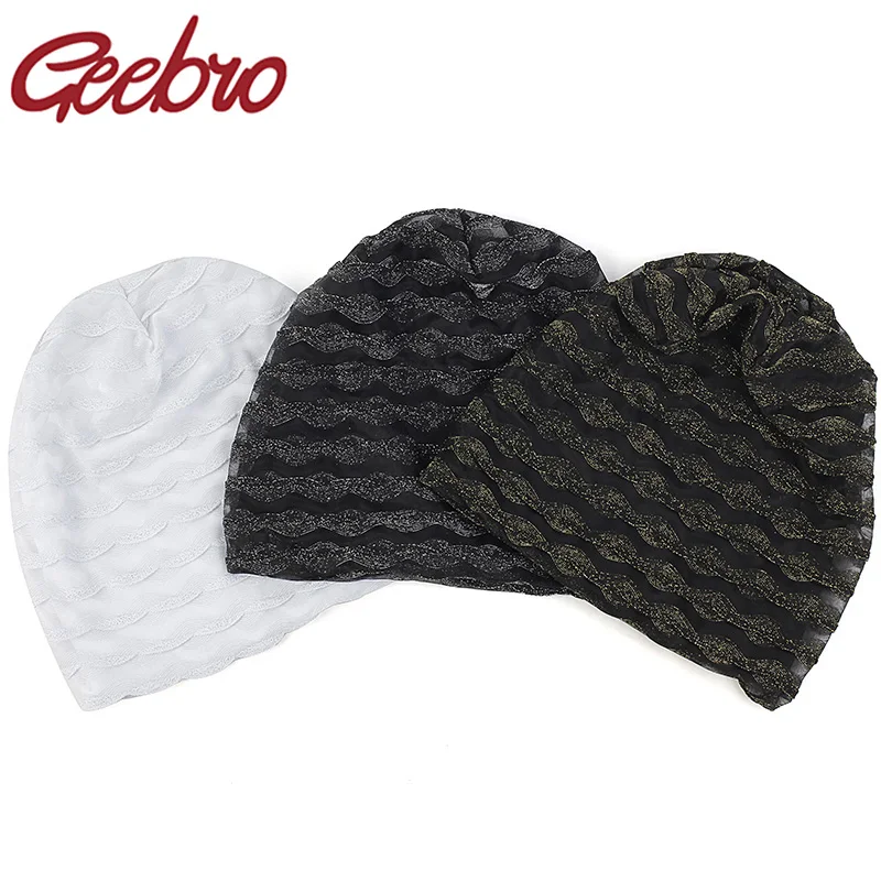 Geebro Women Lace Gold and silver Skullies Beanies Hats For Ladies Slouchy Hollow Turban Thin Thick Slouch Caps | Аксессуары для