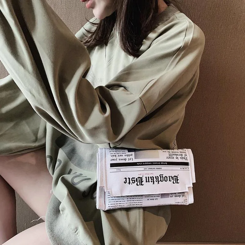 SHUJIN Newspaper Print Design Women Casual Envelope Bag Day Clutches Chain Purse Crossbody Messenger Shoulder Handbag | Багаж и сумки
