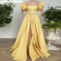 elegant short cap sleeve yellow satin evening dress high split lace up bow draped 2021 party gowns boat neck backless hot sale