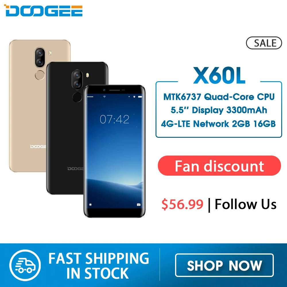 DOOGEE X60L 5 'ƊG сеть MTK6737 четырехъядерный 2 Гб ОЗУ 16 ПЗУ 4G Двойная камера 13.0MP Android 7 0