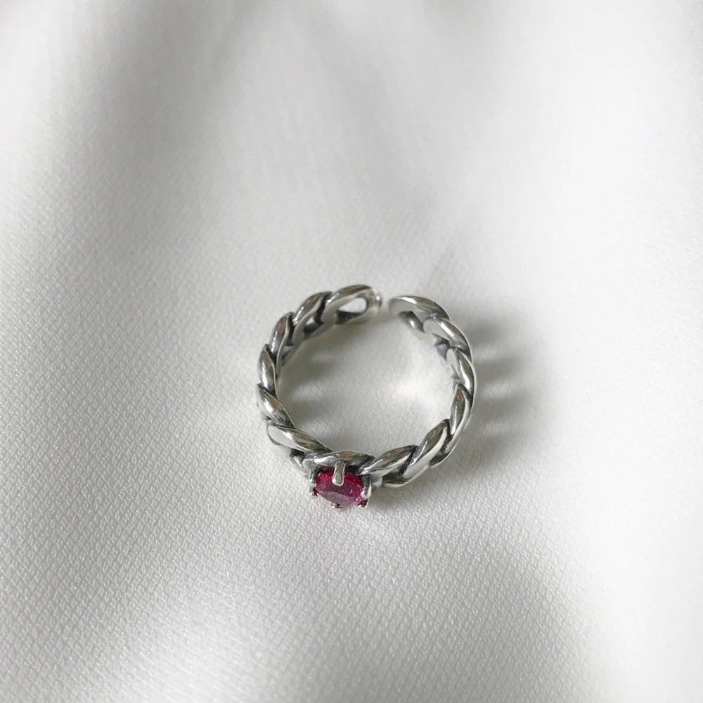 Minimalist Vintage 925 Sterling Silver Retro Curb Chain Solitaire Ruby Diamond Engagement Rings Girls Black Agate Open Ring | Украшения и