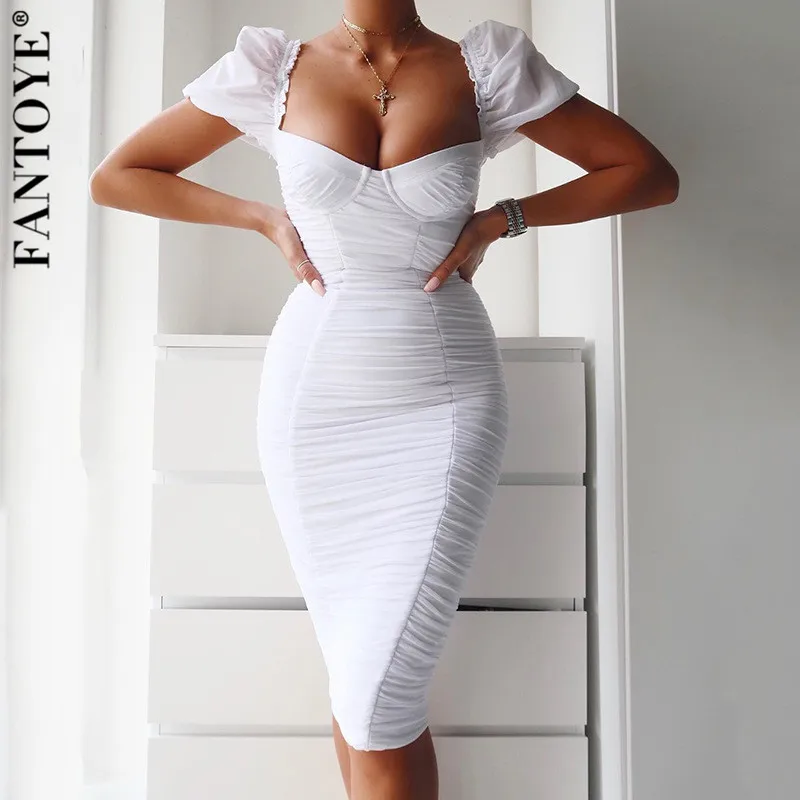 

FANTOYE Strapless Sexy Summer Dress Women Elegant Short Sleeve Ruched Bodycon Party Dress Female Double fabric Split Club Dress