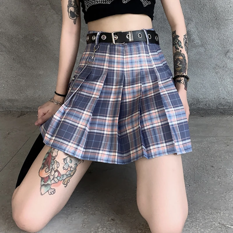 

GothGirl Ins Chic Plaid High Waist Pleated Mini Skirt with Belt Goth Punk Fashion Harajuku Y2k Skirt WomenSweet Skirt Femme