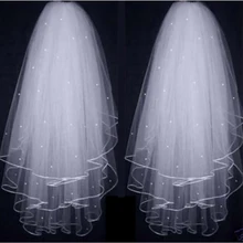 Cheap Three Layers Ribbon Edge Wedding Veil Pearls White Ivory Short 3 Layers Bridal Veil 2021
