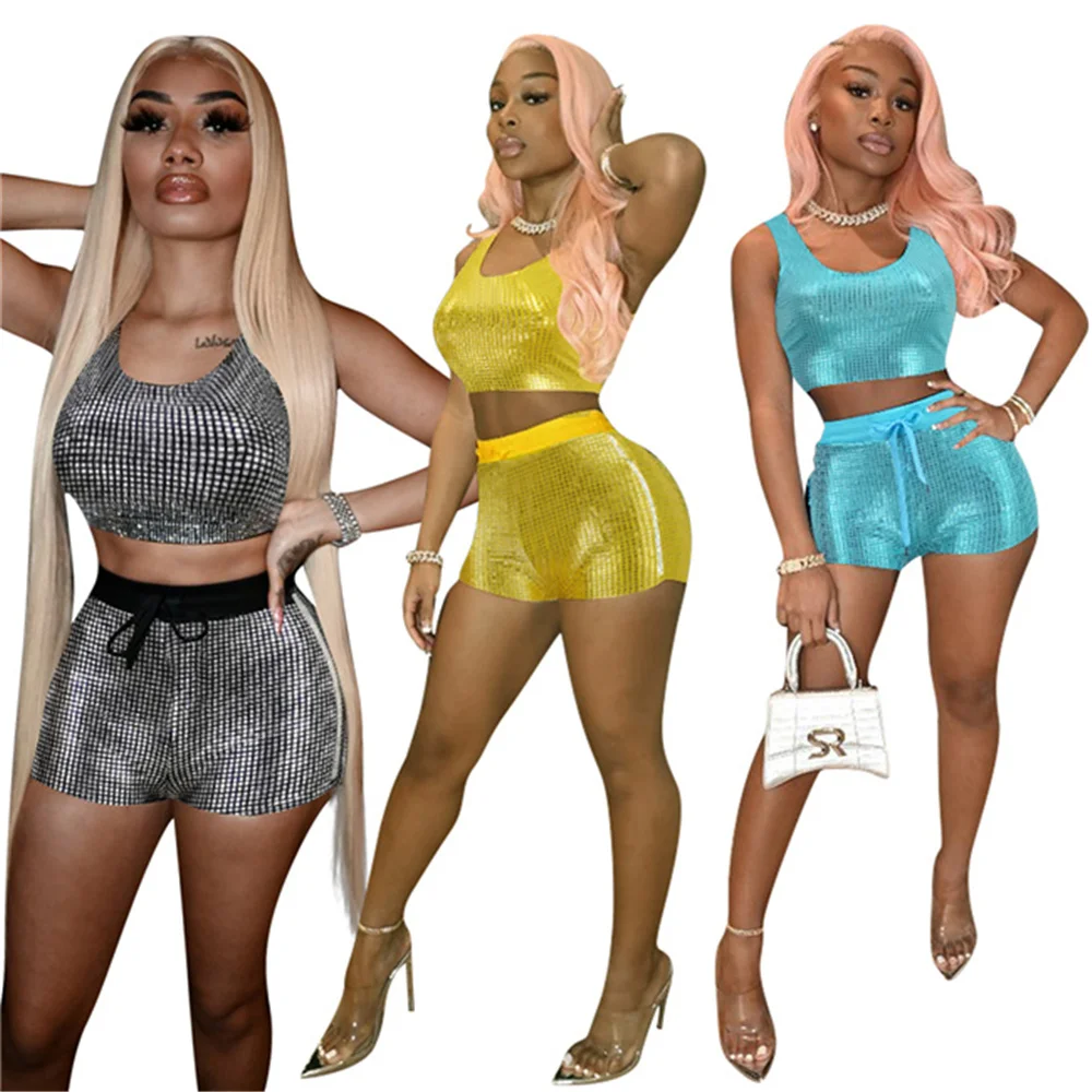 

RStylish Bronzing Two Piece Set 2021 Summer Women Sexy Club Outfits Crop Top Biker Shorts Sweat Suits Loungewear Matching Sets