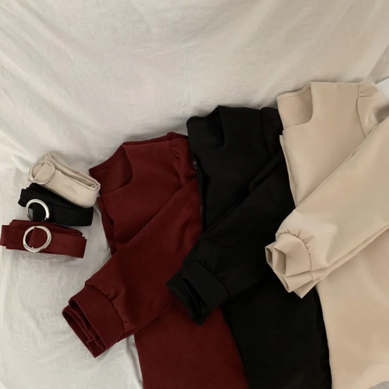 

Vintage Loose Mini Dress Women Square Collar Casual Soild Single Breasted Belt Long Sleeve Dress 2021 Spring New Fashion