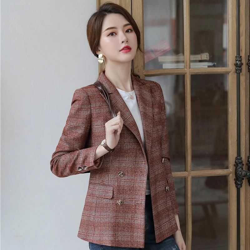 Женский пиджак в клетку элегантный двубортный с длинным рукавом верхняя одежда