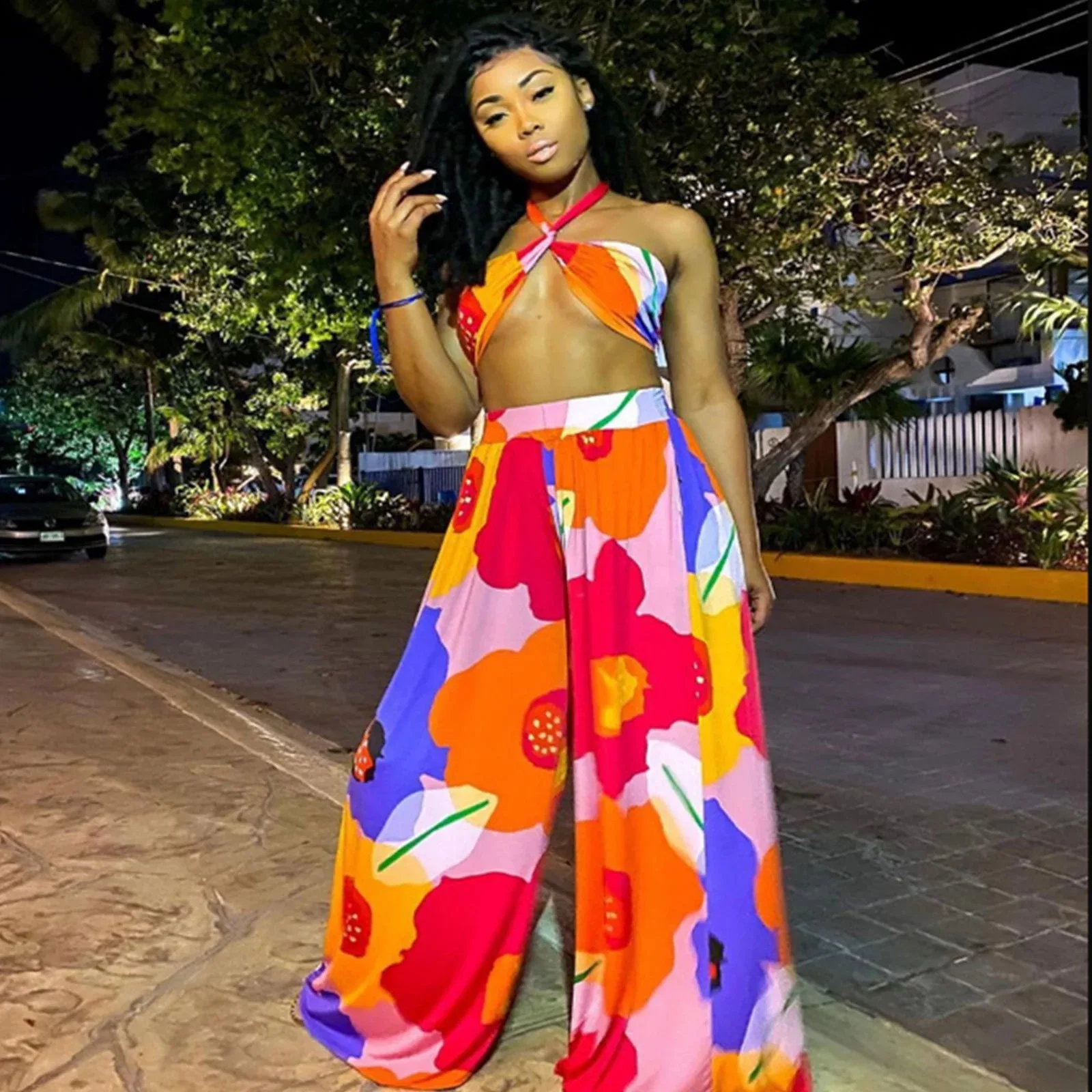 

Summer new floral bohemian fashion corset corset + high-waist wide-leg pants suit