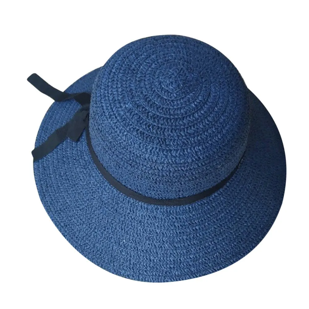 bow straw Floppy Foldable Women Straw Beach Sun protection Hats Pure Color Summer Beige Wide Brim Ladies Vacation #445 |