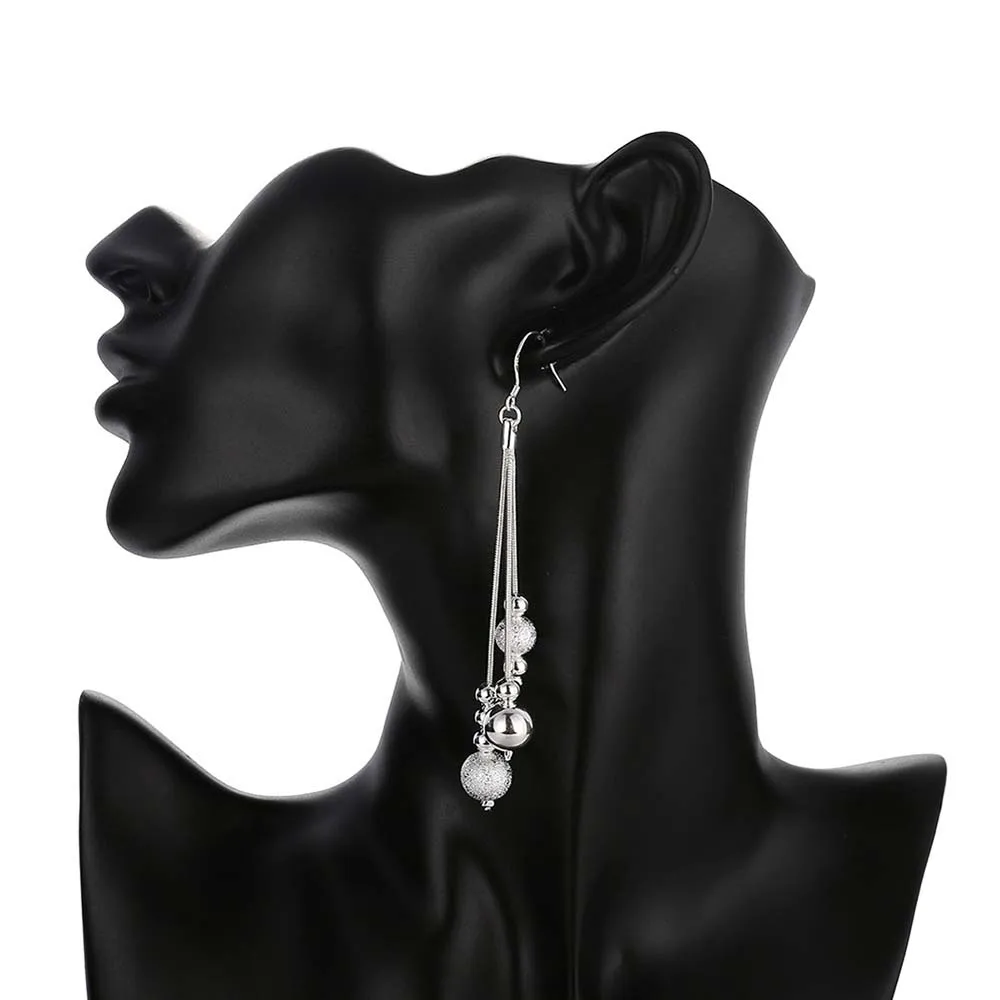 925 Sterling Silver Korean Three Line Beads Ball Vintage Long Tassel Dangle Earrings - Women's Engagement Wedding Jewelry image 3