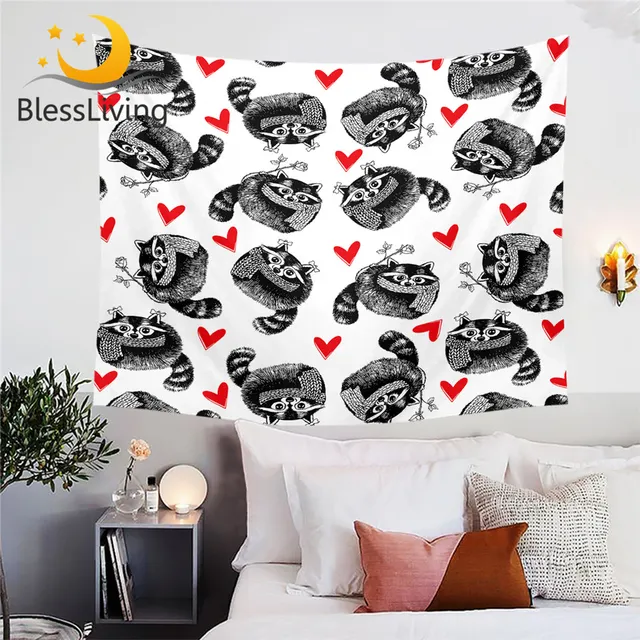 Blessliving Cute Raccoon Tapestry Wall Hanging Animal with Scarf Wall Carpet Black Red Bedspreads Lovely Decorative Bed Sheets 1