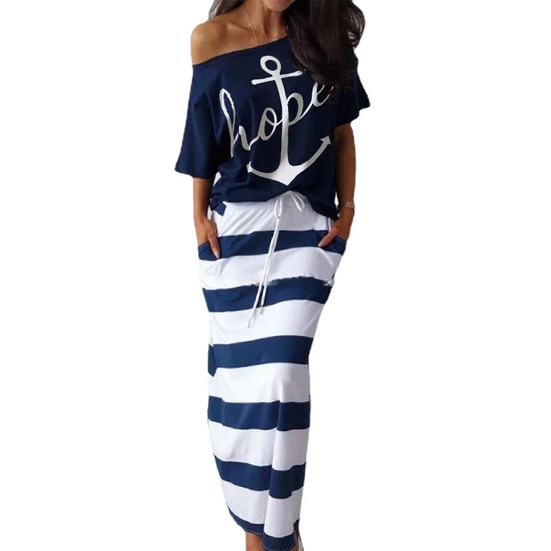 

Women Off Shoulder Blouses T-shirt Striped Dress Summer Slim Slash Neck 2 Pieces Sets Female Casual Ankle-Length Dress2021