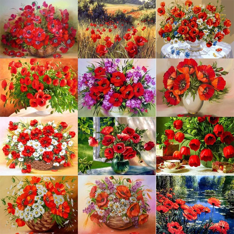 

Diamond Painting Poppy Flower Cross Stitch Needlework DIY Mosaic Embroidery Full Square Rhinestone Decoration Home