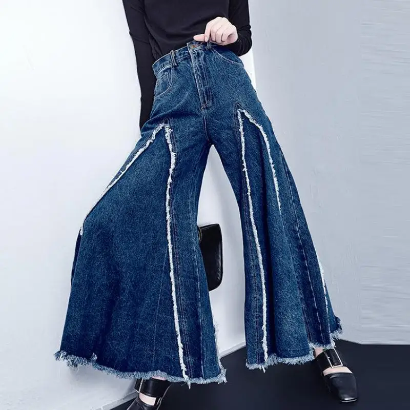 GETSPRING женские брюки асимметричные расклешенные джинсовые подходящие к цвету