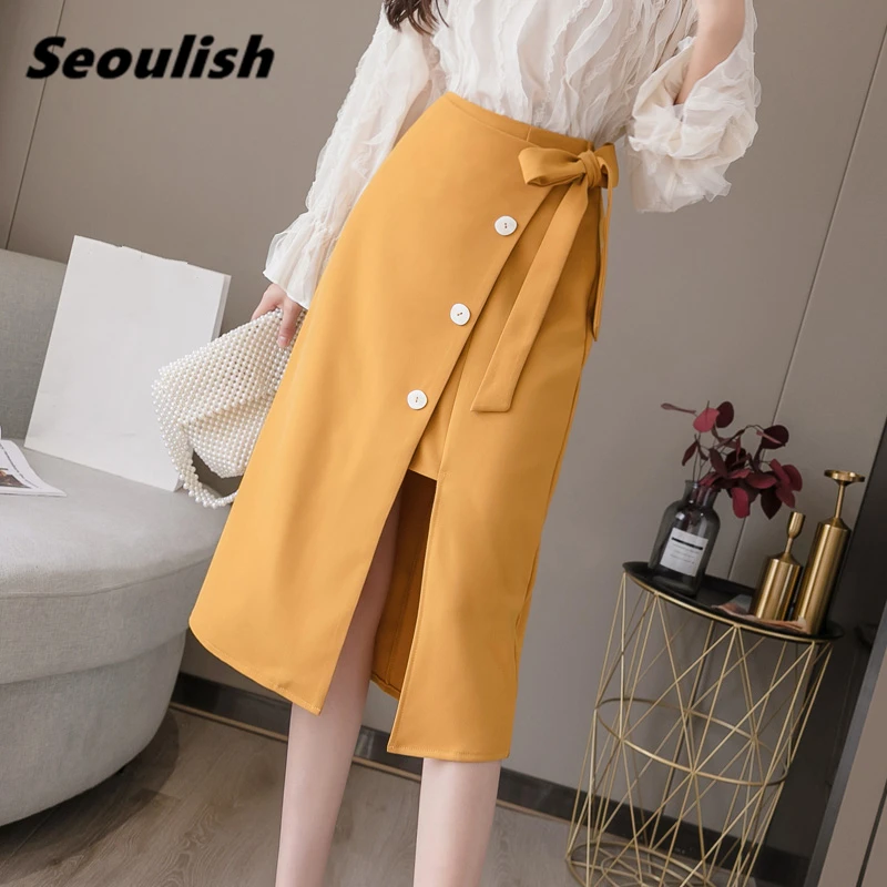 

Seoulish 2021 New Spring Summer Lace Up Women's Wrap Skirts Buttons High Waist Female Office A-Line Split Midi Skirts Saia