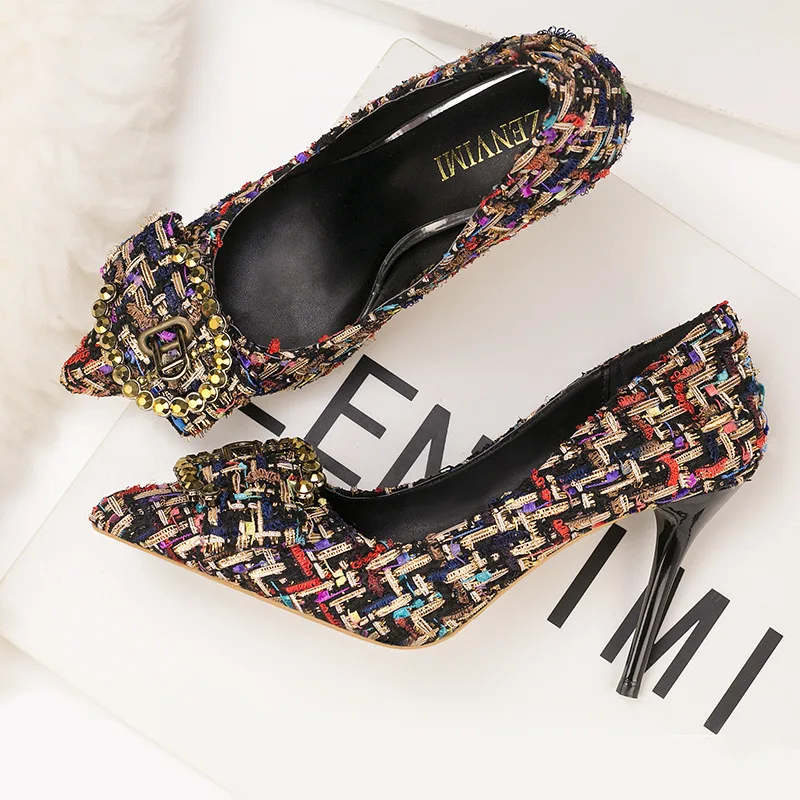 

2019 European and American fashion Wool Women Shoes Crystal Fashion Pumps Sexy Elegant Party Supper High Heel Korean Lady Shoes