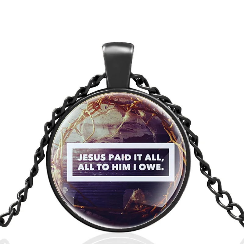 

Classic Bible Verse “Jesus Paid It All All To Him I Owe” Vintage Glass Dome Charm Pendant Necklace Men Women Jewelry Gifts