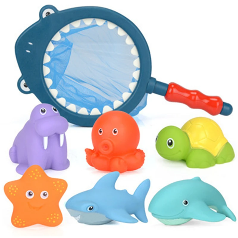 

Children's Bathroom Bath Toy Shark Net Fishing 7-piece Set Of Water Spray Animals Pinch Call Suit Induction Discoloration