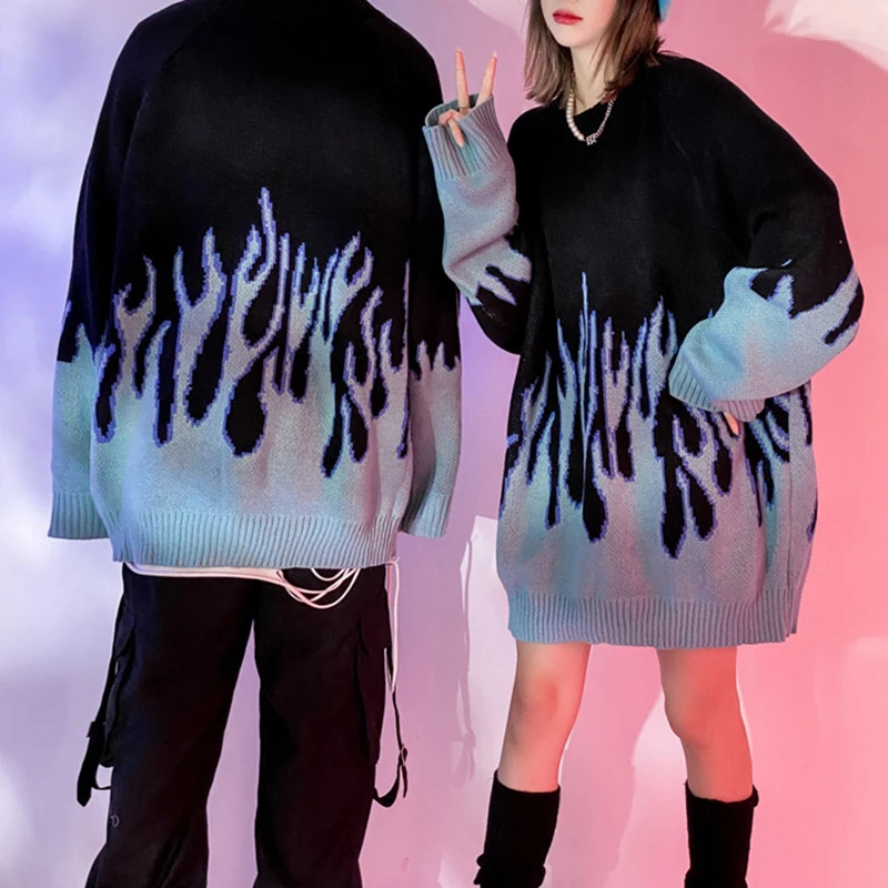 Свитер мужской женский свободный трикотажный с принтом в виде пламени для осени