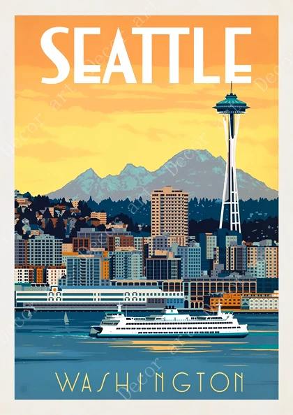 Дорожная холщовая картина из США Сиэтл Вашингтон винтажные настенные крафт