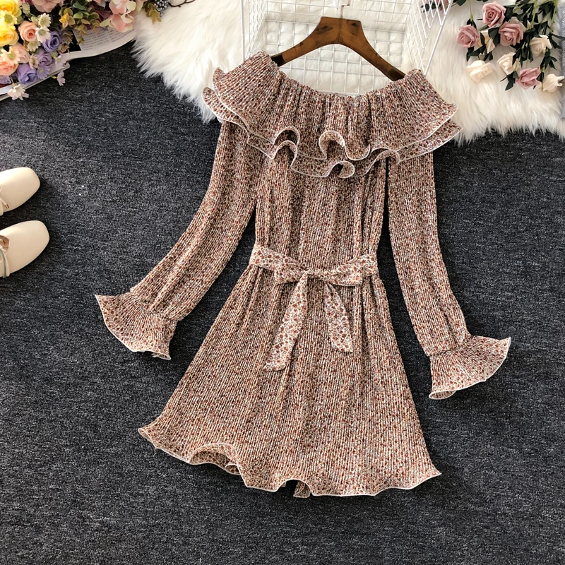 2020 New Slash Neck Ruffles Print Women Dress Korean Sashes Lacing Mini Pleated Dresses Beach Style Vestidos Femme | Женская одежда