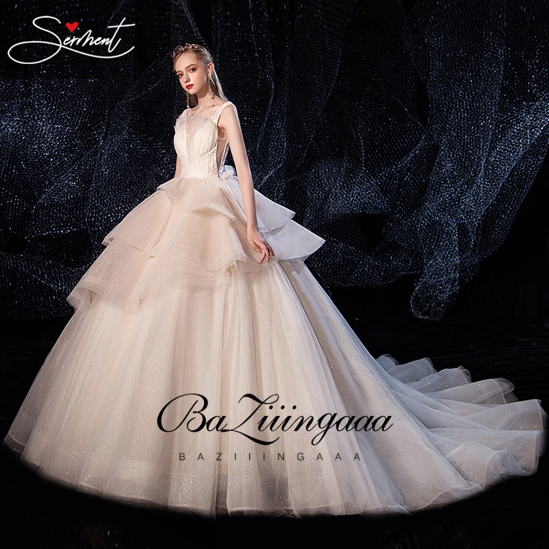 BAZIIINGAAA Luxury Royal Wedding Dress Boho Starry Sky Ruffle V-neck Lace Up Cathedral Crystal Appliques Free Custom | Свадьбы и