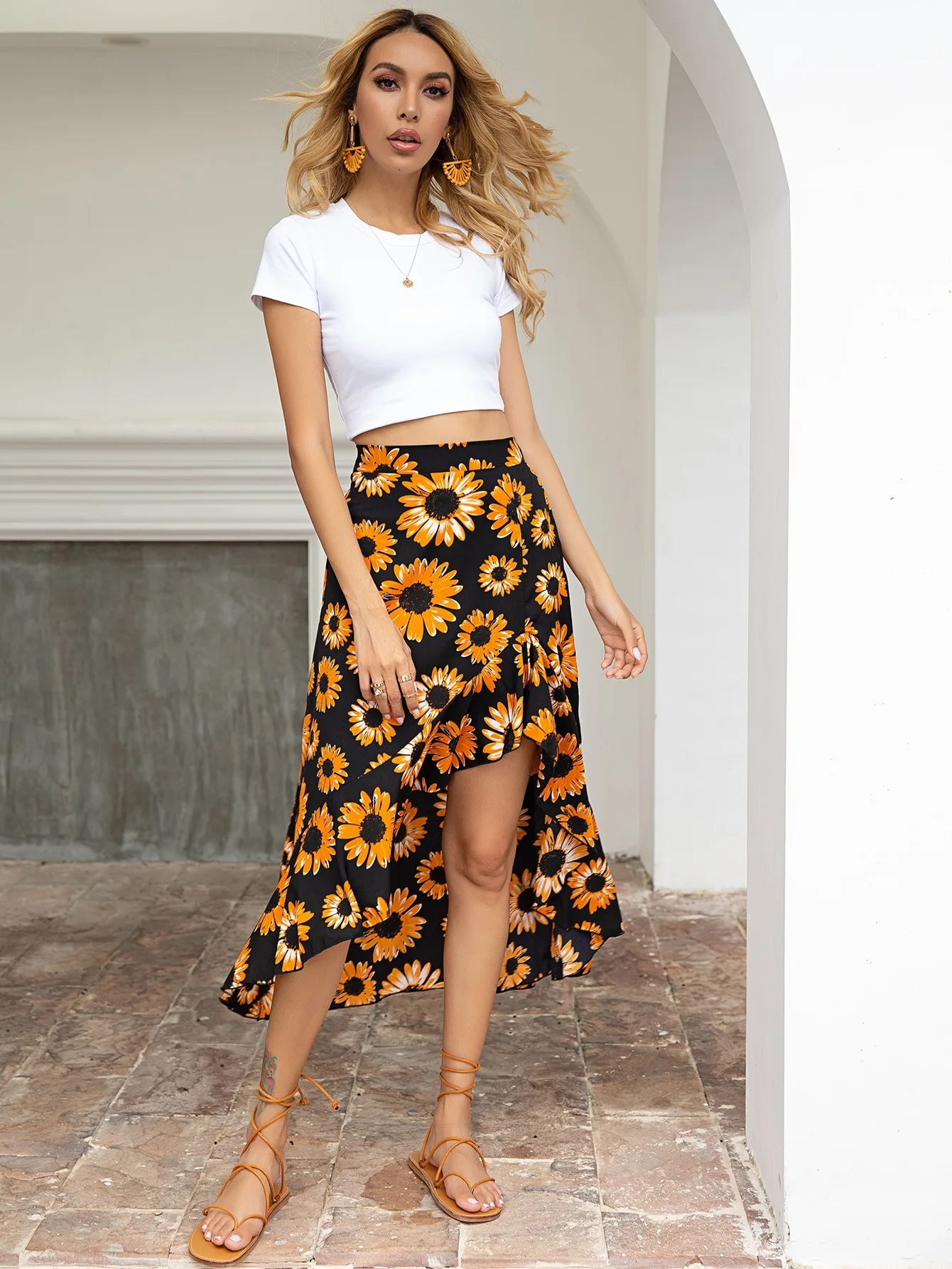 

Women Fashion High Waist Sunflower Floral Print Skirt Stylish Irregular Hem Skirt for Ladies Female