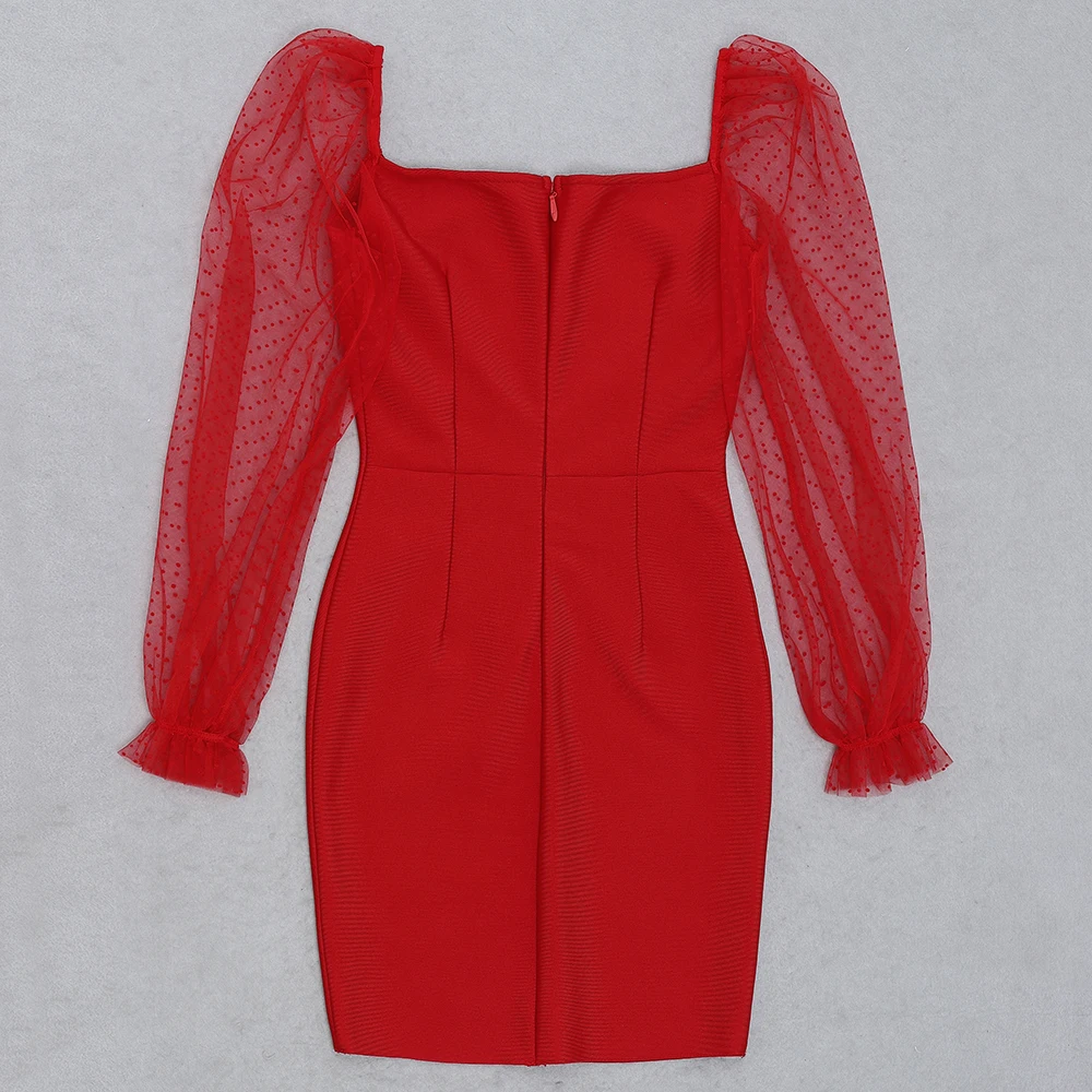 

2021 Summer New Style Women's Long-sleeved Red Bodycon Bandage Dress Sexy Lace Polka Dot Mini Club Celebrity Party Dresses