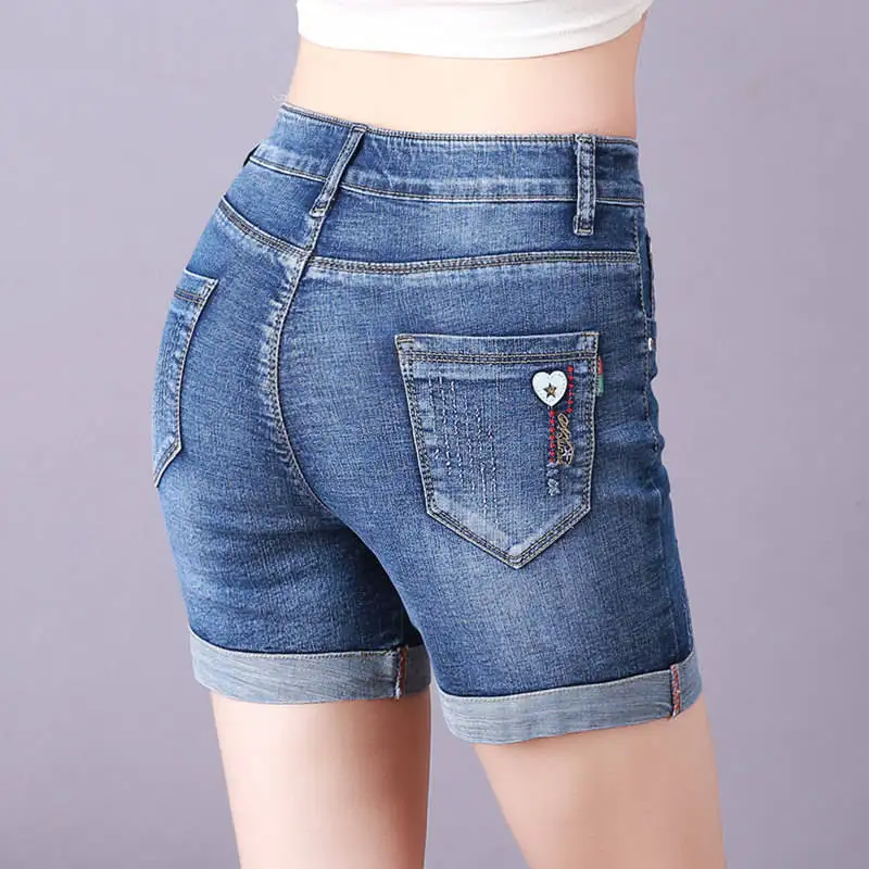 Шорты женские джинсовые прямые с завышенной талией подворотами модные