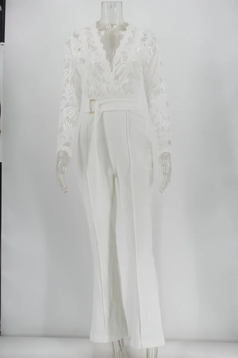

Lace Rompers Women Long Sleeve V-neck Long Overalls Trench Classy Formal Party Elegant Runway Outfits Work Plus Size Jumpsuits