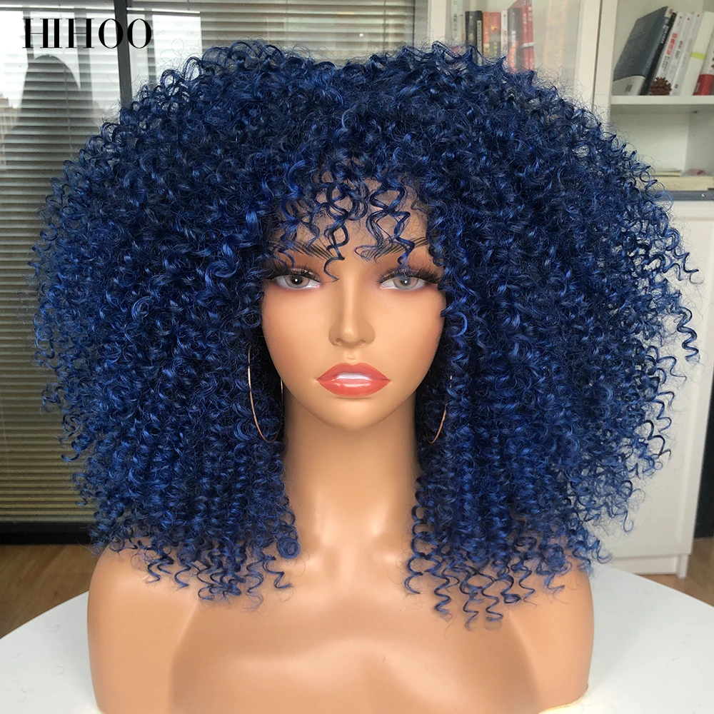 Short Afro Kinky Curly Wigs With Bangs For Black Women 16'' Synthetic African Blonde Cosplay Wigs Natural Glueless White Green