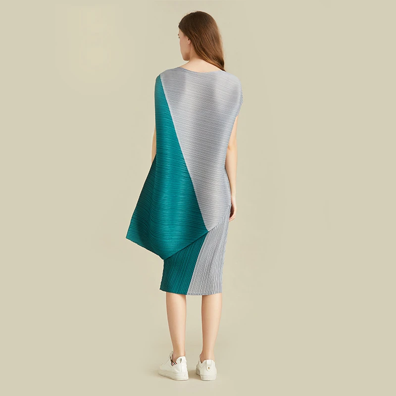 LANMREM летнее Новое асимметричное цветное лоскутное плиссированное платье famale 2021